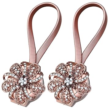 Trixes 2pc Rose Gold Flower Magnetic Curtain Tie Backs Diamante