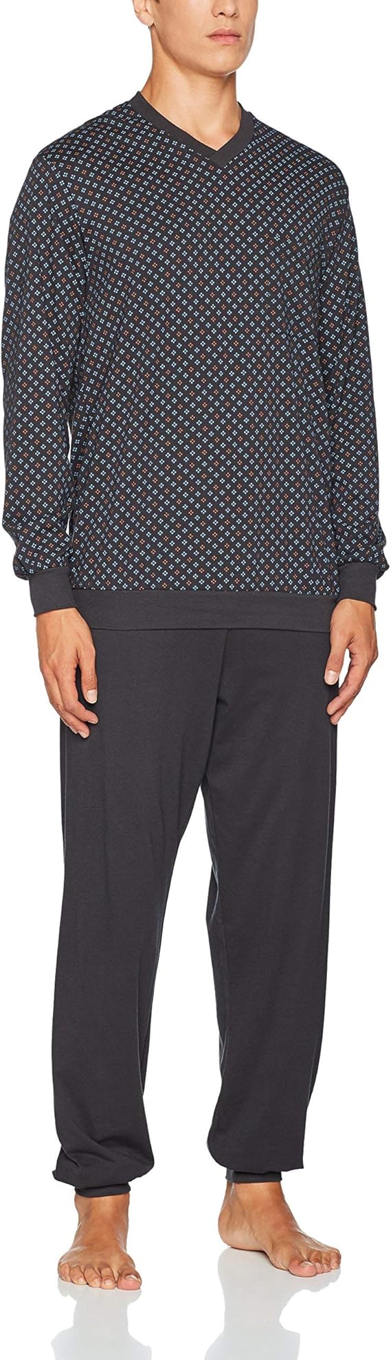 Herren Schlafanzug Lang Aus Weichem Fleece - Karierte Pyjama Hose Mit Henley-Kragen