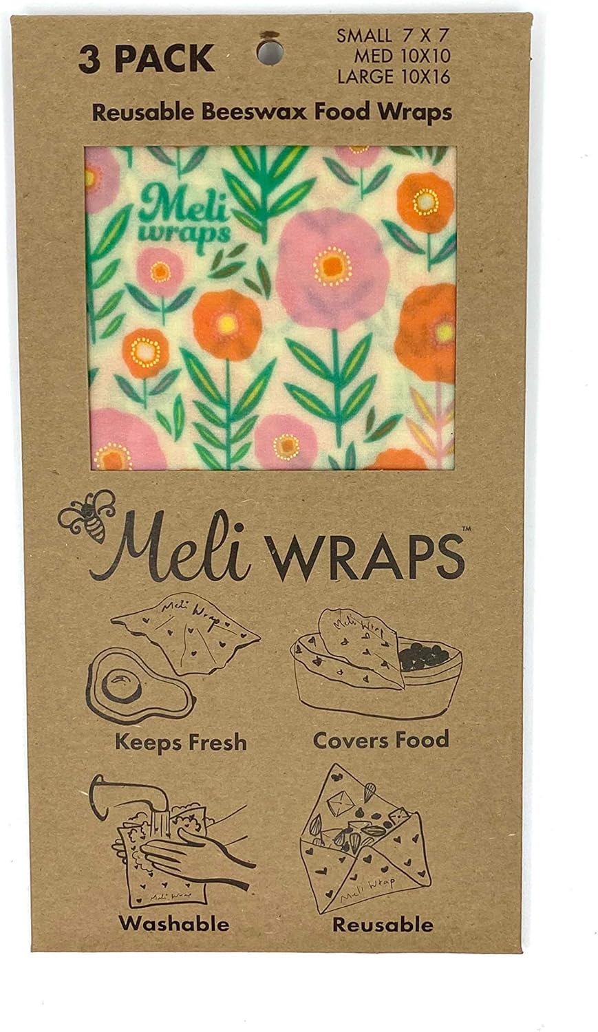 Meli Wraps Beeswax Wraps - Reusable Food Wrap Alternative to Plastic Wrap. Certified Organic Cotton, Made with Hawaiian Beeswax. 3-Pack includes sizes (SML) in Beautiful Original Prints