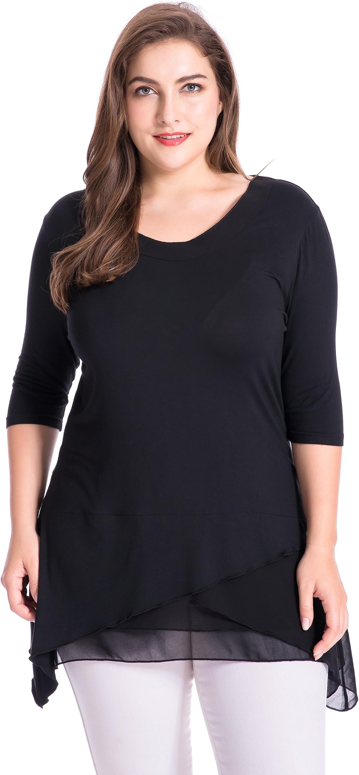 Chicwe Women's Plus Size Layered Knit Casual Top Blouse with Chiffon Trim