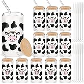 Yetene 12 Set Cow Glass Cups with Bamboo Lids and Straws 16oz Cute Cow Print Tumblers Ice Coffee Cup for Birthday Party Drink Decoration Christmas Idea Gifts for Women