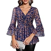 Lotusmile Women's Dressy Blouses Ruffle 3/4 Sleeve Peplum Sparkly Tops