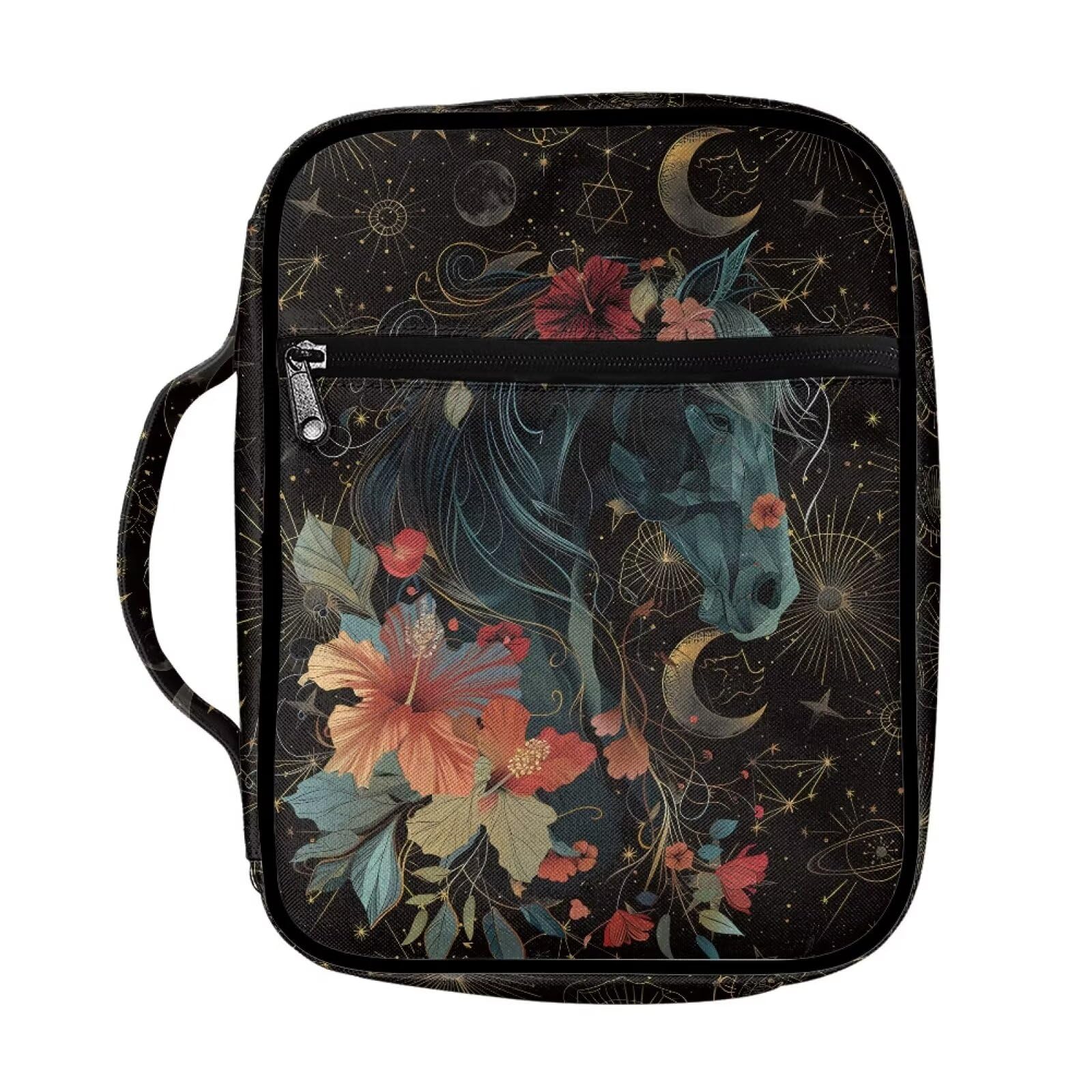 ZIATUBLES Vintage Hibiscus Flower Horse Print Bible Covers Portable Bible Case with Zipper Pocket Book Carrying Case Scripture Holder Handbag for Christian Outdoor Study