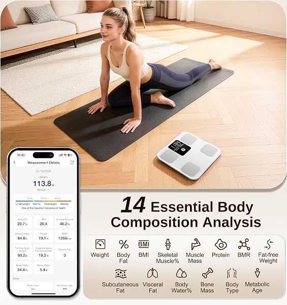 GE SMART SCALE FOR BODY WEIGHT: BODY FAT, BMI, DIGITAL BATHROOM SCALE – 14 BODY COMPOSITION ANALYZER HEALTH MONITOR, HIGHLY ACCURATE BLUETOOTH WEIGHING SCALE WITH APP 400 LB, 11 INCH