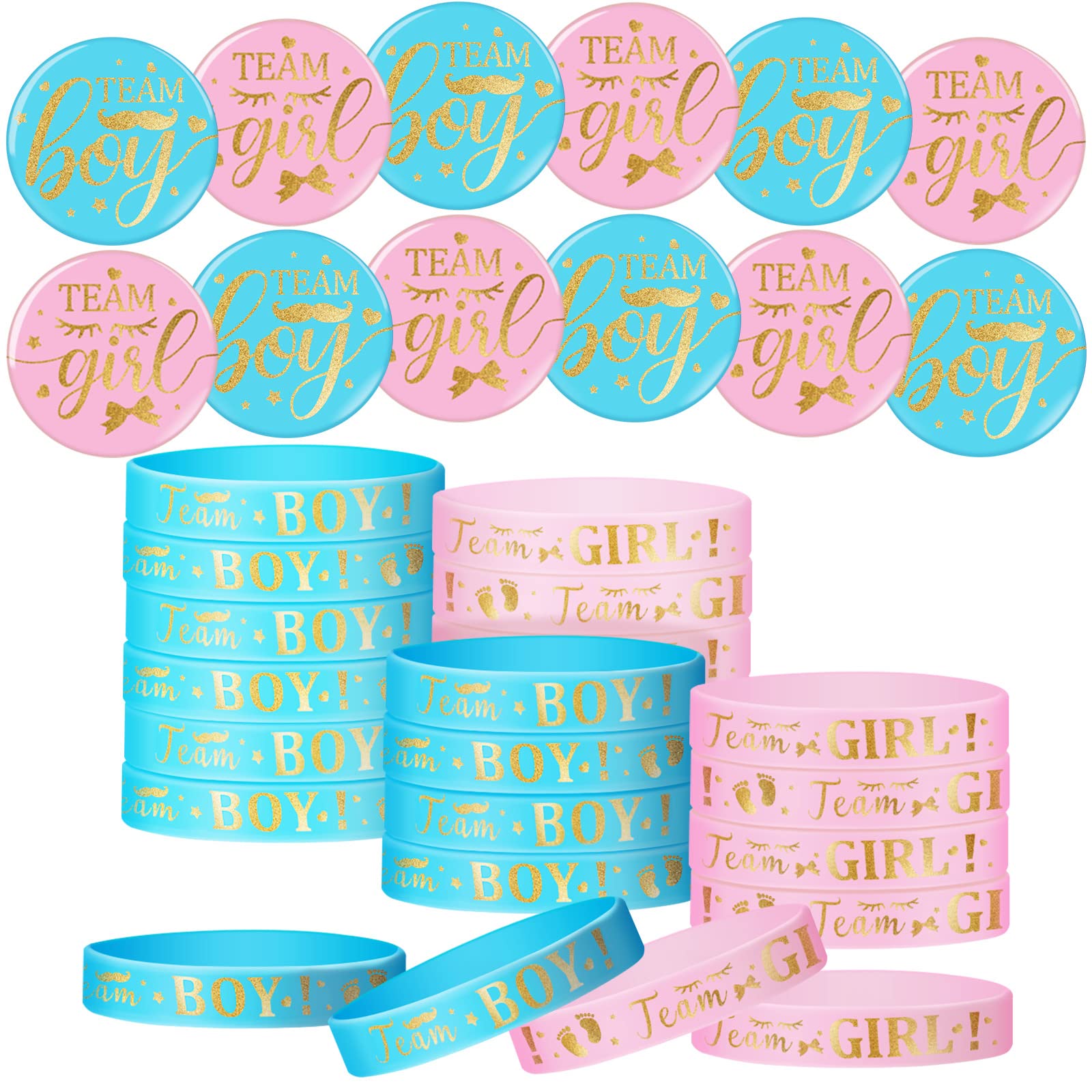 Syhood 48 Pcs Gender Reveal Party Favors Supplies, Gender Reveal Button Pins, Team Boy Silicone Wristbands and Team Girl Rubber Bracelets for Baby Shower Party Favors(Blue, Pink,Footprint)