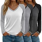 Baggyfly 3 Pack Women's V Neck Long Sleeve Shirts, Raglan Color Block Tees Baseball Style Loose Casual Tops