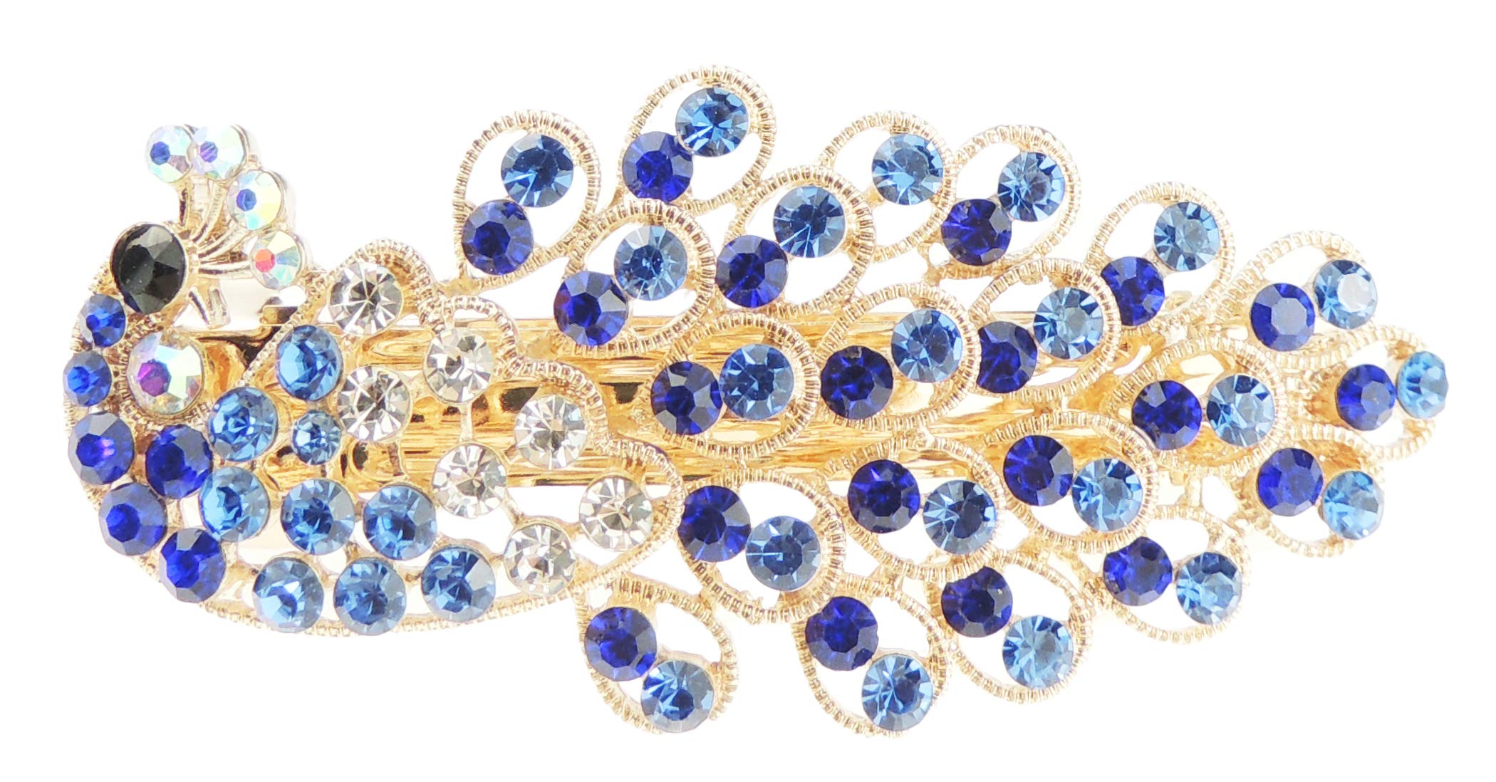Sparkly Womens Girls Crystal Rhinestone Diamante Wedding Bridal Party Evening Ponytail Fine Hair Accessories Occasion Barrette Hairpin Grip French Metal Spring Clip Peacock Bird Gold Tone (Blue)