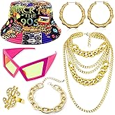 FIRSAUKI 90s Accessories for Women 80s Hip Hop Costume Old School Rapper Hat Sunglasses Bamboo Earrings Gold Necklace