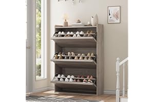 FinerFurnis Hidden Entryway Shoe Cabinet – 3 Flip Drawers, Wooden Shoe Organizer with Adjustable Shelf for Hallway/Living Roo