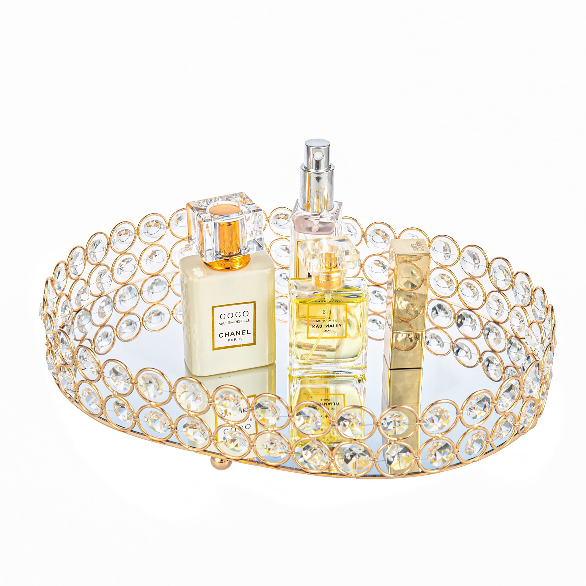 Photo 1 of Feyarl Crystal Perfume Tray Vanity Makeup Organizer Ornate Jewelry Trinket Cosmetic Tools Decorative Skin Care Storage for Home Deco Dresser Bathroom Countertop (Oval 12" x 9") (Gold)