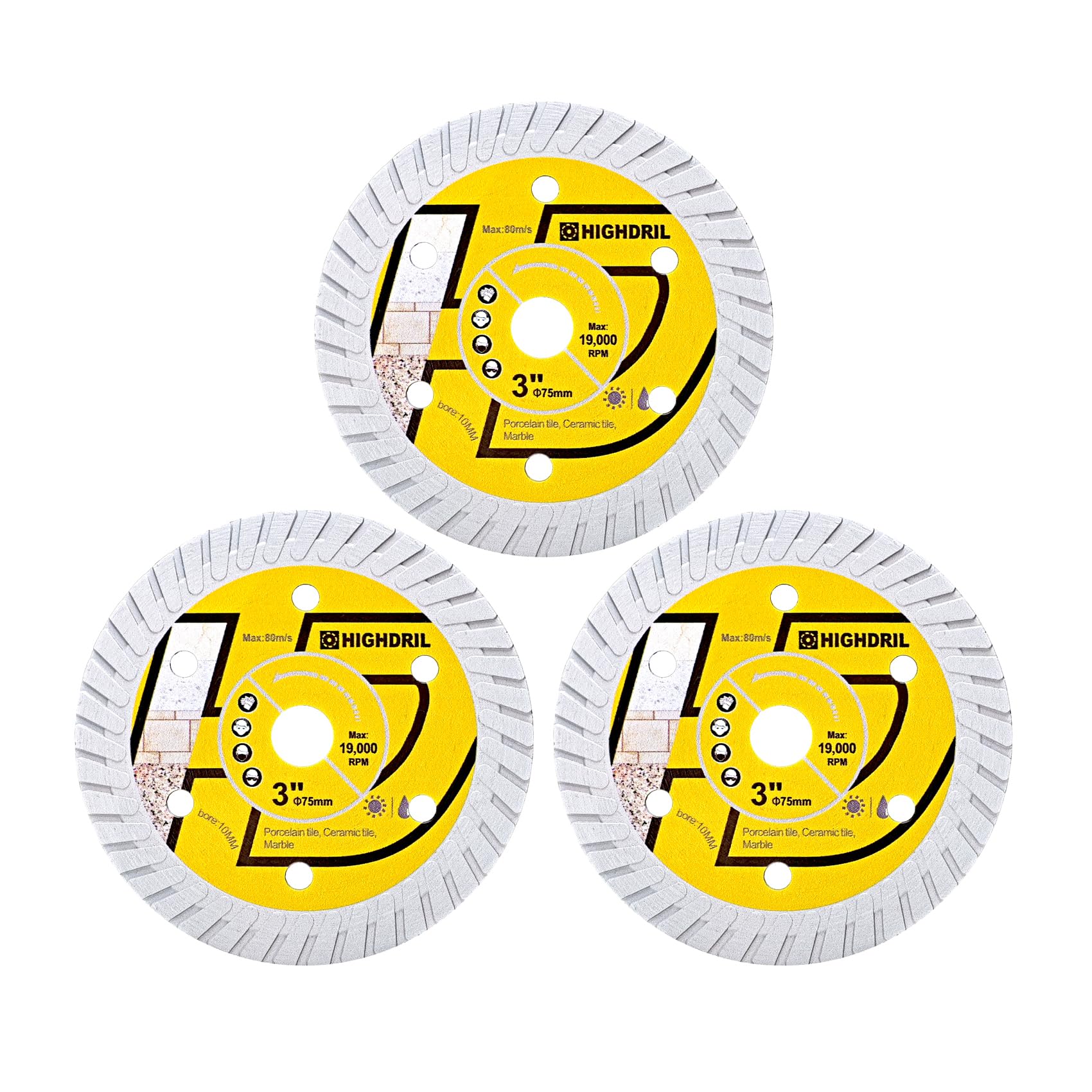 HIGHDRIL 3PCS 75mm/3" Tile diamond Blade Dry/Wet Angle Grinder Wheel Disc for Cutting Ceramic,Hard Pocelain,Glazed Tiles