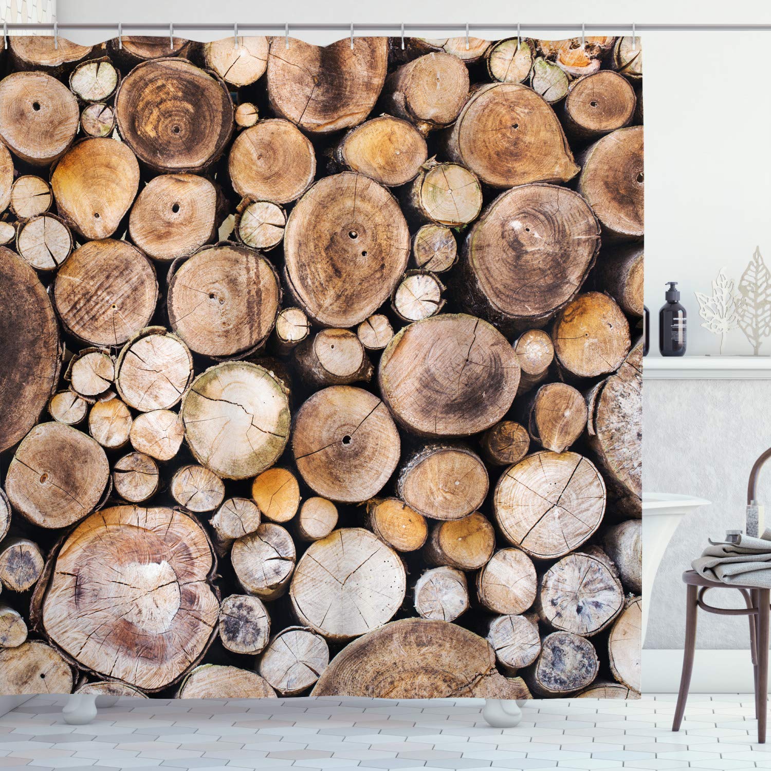 ABAKUHAUS Rustic Shower Curtain, Wooden Logs Background Circular Shaped Oak Tree Life and Growth Theme Print, Cloth Fabric Bathroom Decor Set with Hooks, 70 Inches, Pale Sand Brown โ image 1