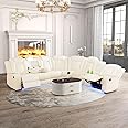 Ocstta Leather Power Recliner Sectional Sofa with LED, Power Reclining Sectional Couch, Breathing Leather Sofa Couch with USB Port⋓ Holder for Living Room (Living Room Set,Cream White)