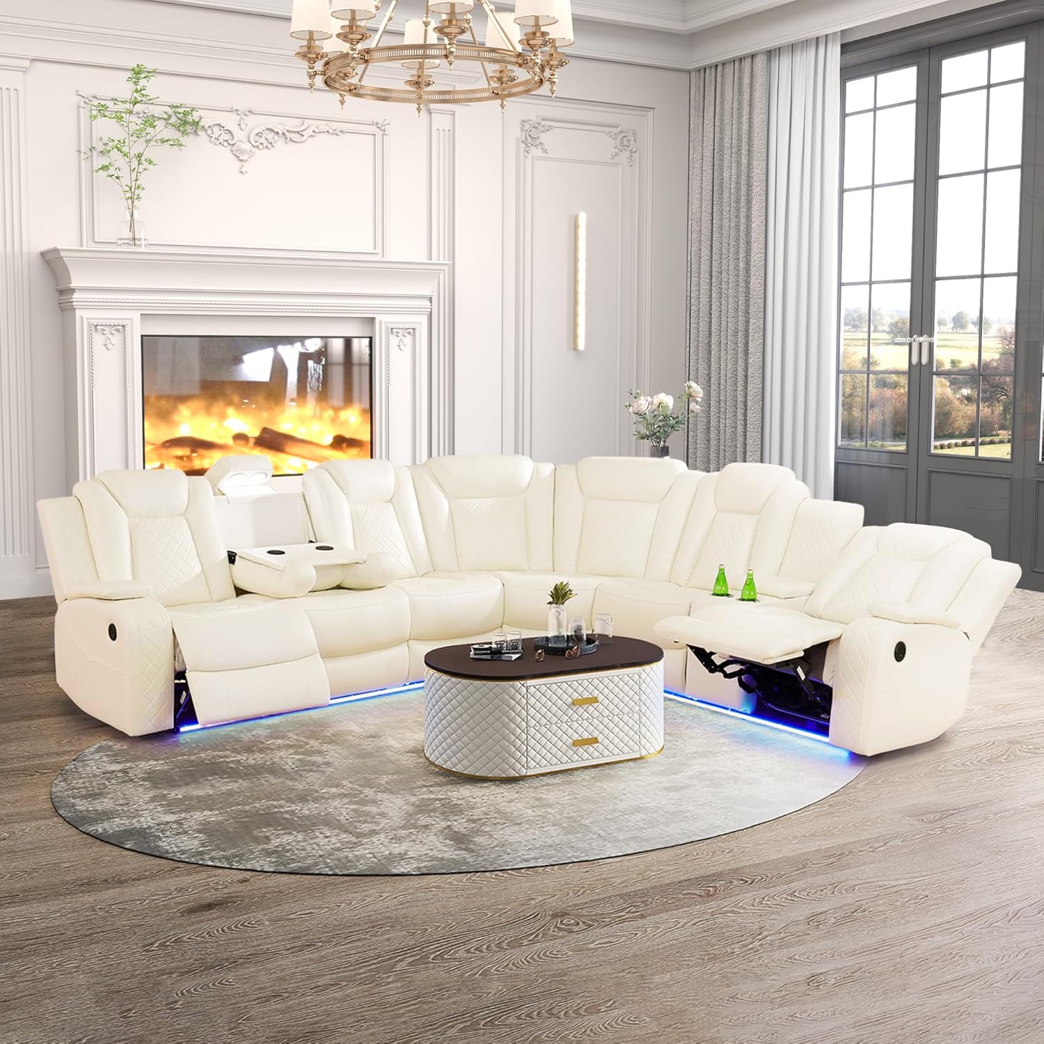 Photo 1 of Power Recliner Sectional Sofa with LED Light, Breathing Leather Recliner Sofa Couch with Storage/Cup Holder for Living Room Home Office Theater (Cream White)