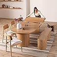 Round Extendable Dining Table – Solid Wood Expandable Table for 4 to 8, Modern Space-Saving Kitchen & Dining Room Furniture with Hidden Storage (Natural Oak, Table + 4 Chairs + Bench)
