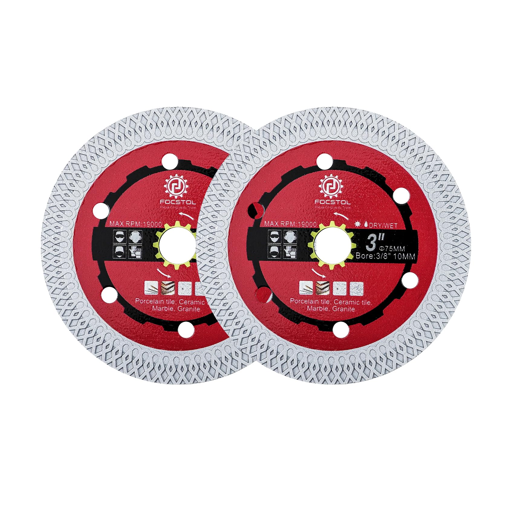 FOCSTOL Diamond Tile Saw Blade - 2pcs 75mm Cutting Disc for Porcelain Ceramic Tile Marble Granite Quartz Arbor 10mm