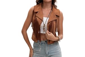 FEOYA Women's Short Tassel Vest Faux Suede Hippie Sleeveless Jackets 70s Festival Fringe Waistcoat Cowgirl Cardigan XS-L