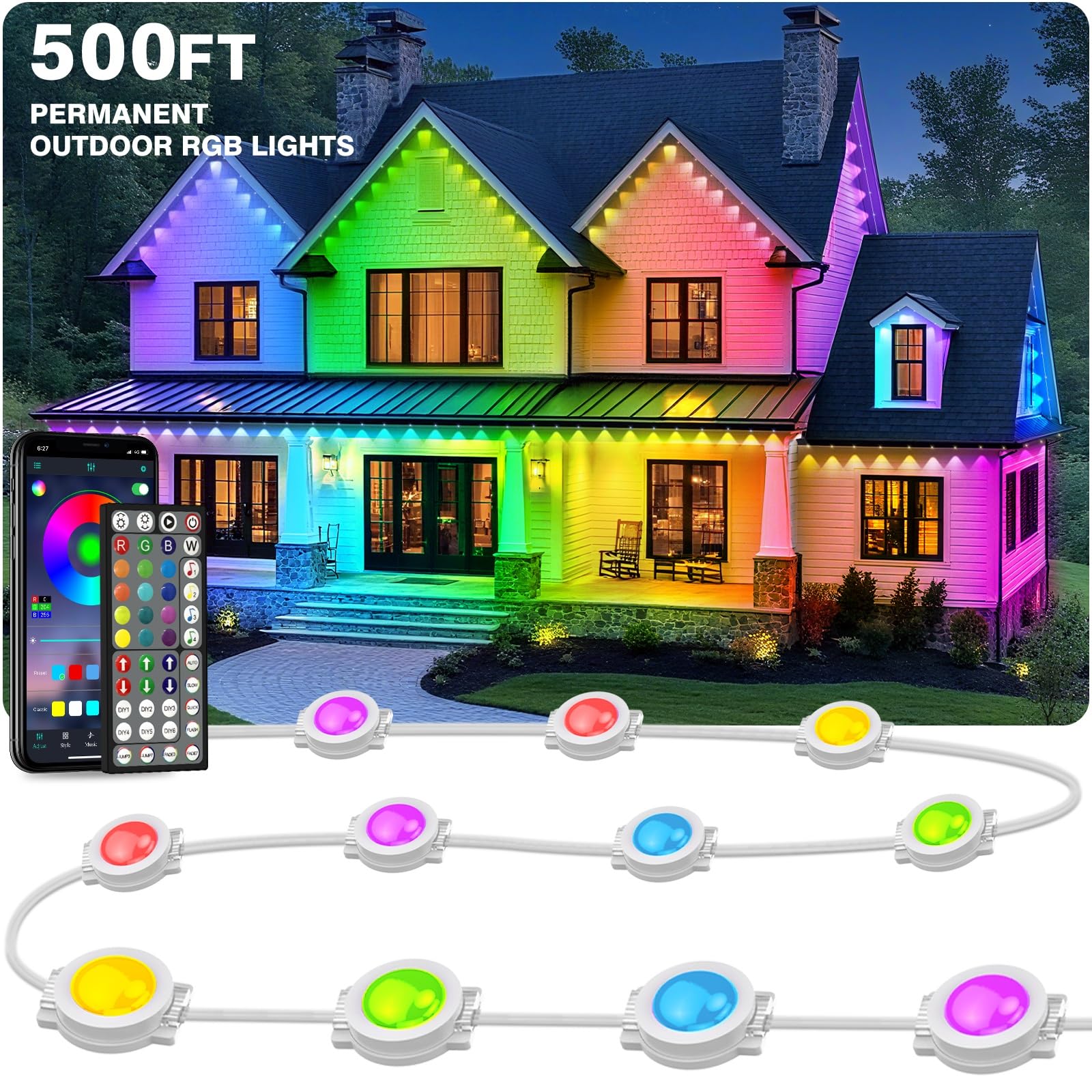 LITSOUL 500FT Permanent Outdoor Lights for House Waterproof, Smart RGB Eave LED Lighting with 16 Million Colors, IP67 Outdoor Strip Lights for Christmas Halloween Holiday Daily Decorations(500FT) Image