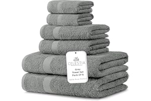 VILLA CELESTIA 100% Combed Cotton Bathroom Towel Set of 6- 2 Bath Towels, 2 Hand Towels, 2 Wash Cloths, Sustainable, Soft, Highly Absorbent 6 Piece Cotton Bath Towel Set Ideal for Hotels, Spa, Bathroom, Dorm, Grey