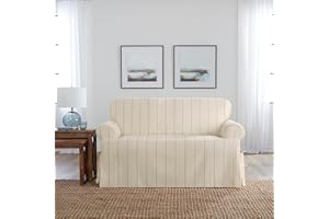 SureFit Heavyweight Cotton Duck T-Cushion Loveseat Slipcovers, Printed Heavyweight Cotton Loveseat Cover, One Piece Design, Loveseat Cover with Seat Elastic and Corner Ties, Natural with Blue Stripe