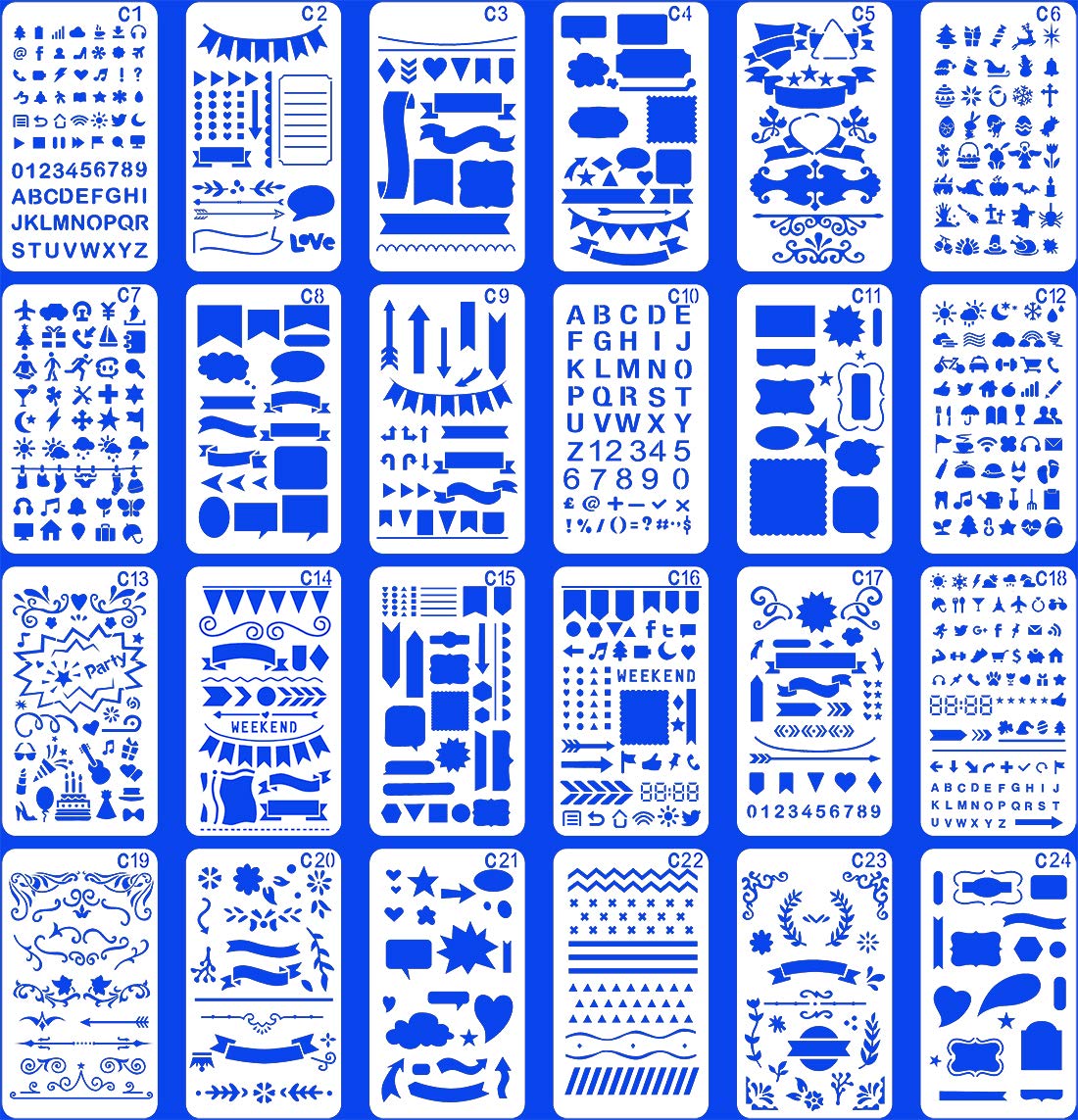 24 PCS Bullet Notebook Journal Stencil Plastic Planner Set for Journaling Suppies/Diary/Scrapbook DIY Drawing Template Stencils 4x7 Inches Kit Accessories