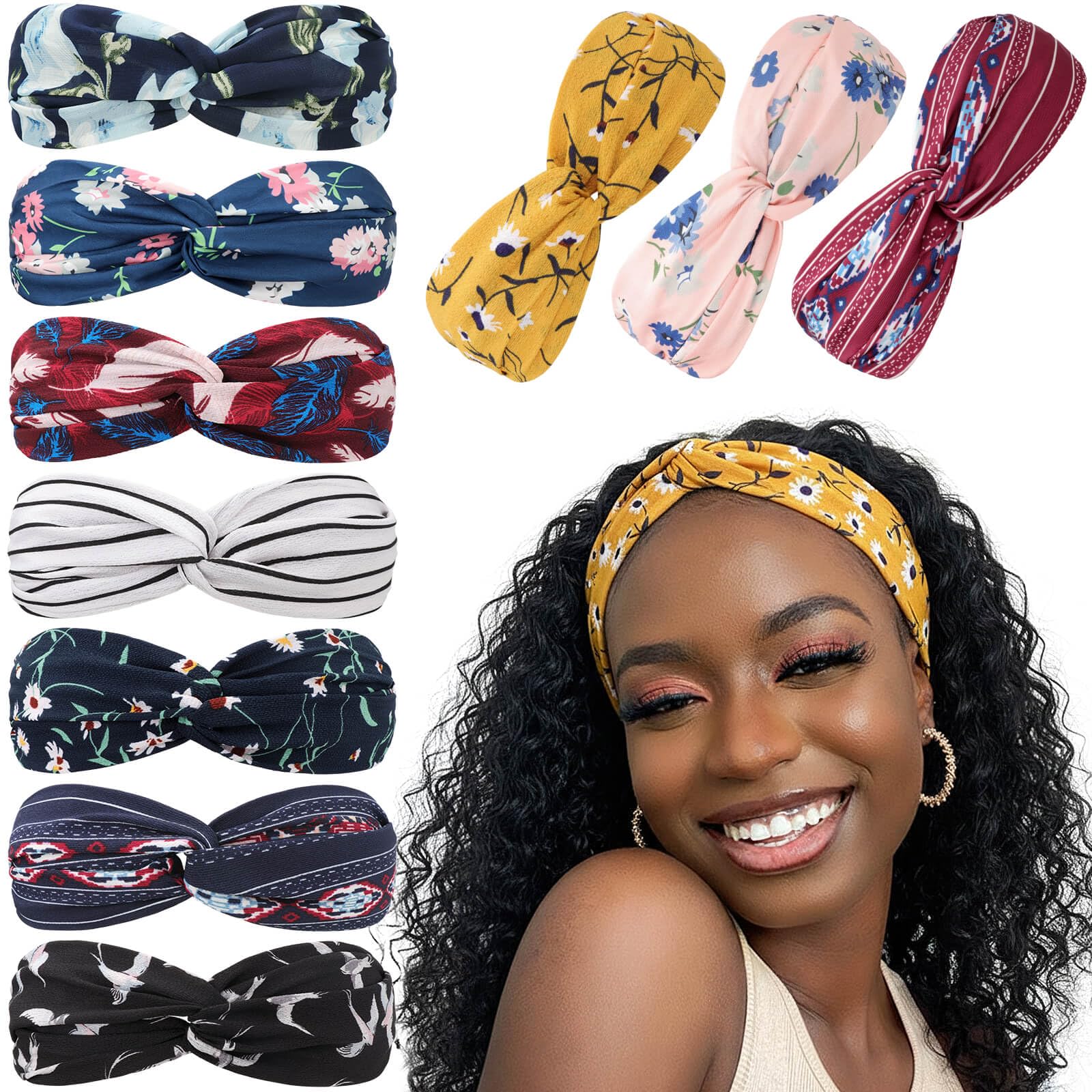 DRESHOW Boho Headbands for Women Vintage Flower Printed Criss Cross Knotted Elastic Hair Band Stretchy Head Wrap Twisted Cute Hair Accessories 10 Pack(Size: One Size)