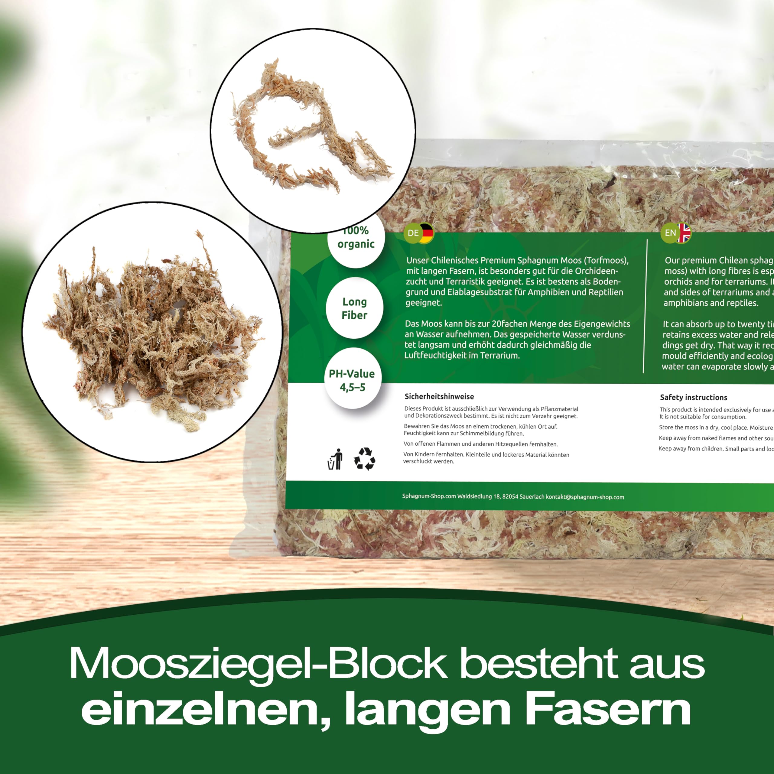 Sphagnum Moos Moosziegel aus Chile 200 g - Langfaseriges Premium Torfmoos als Substrat, für Orchideen, Zimmerpflanzen, Terrarien, Monstera & Moosstäbe 3