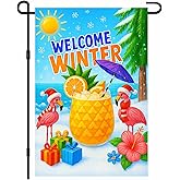 IVN Winter Garden Flag 12x18 Inch Double Sided Christmas Tropical Flamingos and Holiday Drink Outdoor Yard Flag for Outside Home Front Door Lawn Porch Patio Welcome Decor