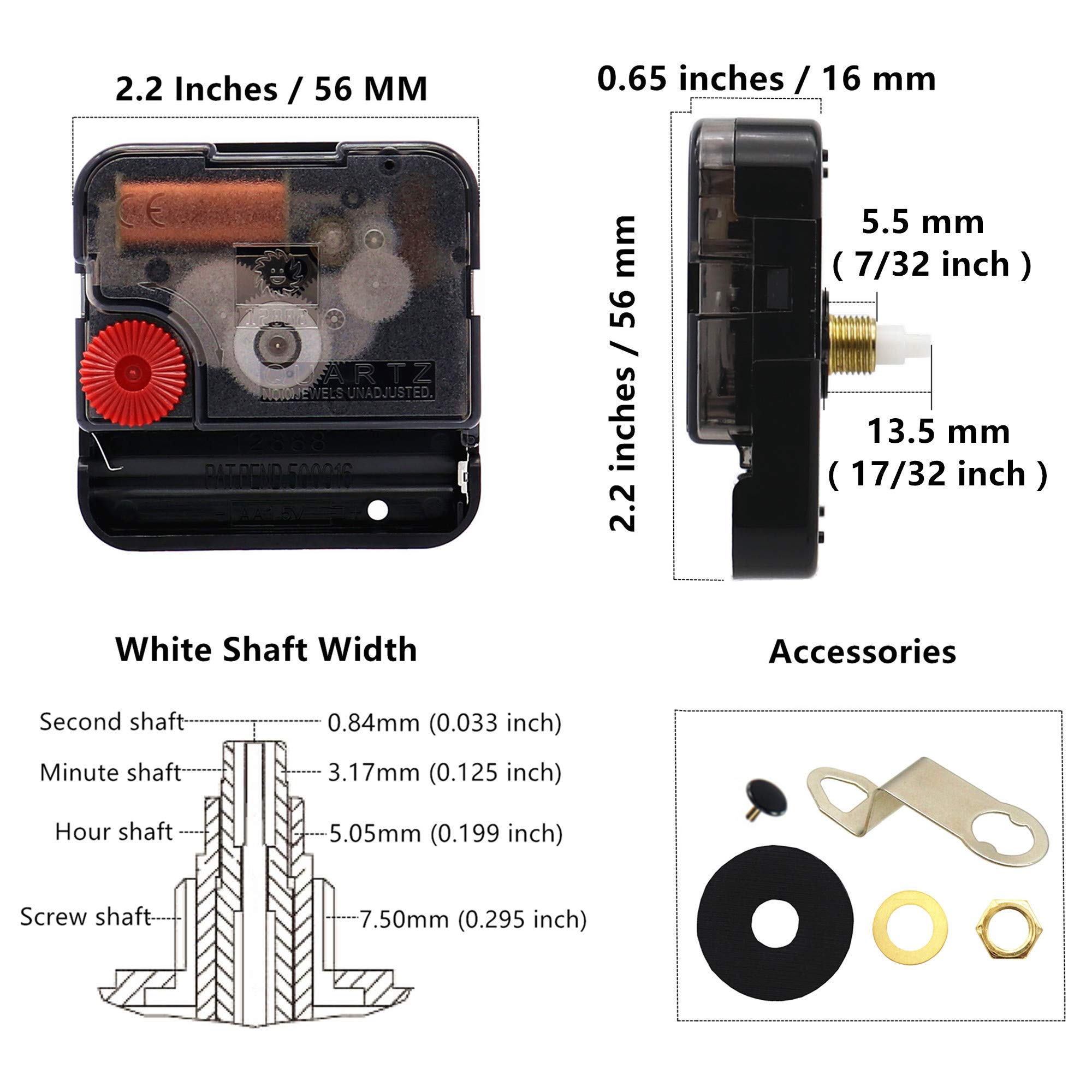 TIKROUND Youngtown 12888 Clock Movement, 13.5mm Shaft, 5.5mm Thread, White