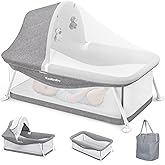 Ezebaby Portable Travel Bassinet for Baby 0-5 Months, Foldable Newborn Bassinet Baby Bed Infant Crib with Padded Mattress, Canopy, Mosquito Net, Carrying Bag