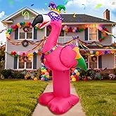 Joyfizzle 6FT Tall Mardi Gras Inflatable Decoration Flamingo with Crown Necklace Built-in 3 LED Lights Blow up Flamingo for Mardi Gras Yard Garden Outdoor Decoration
