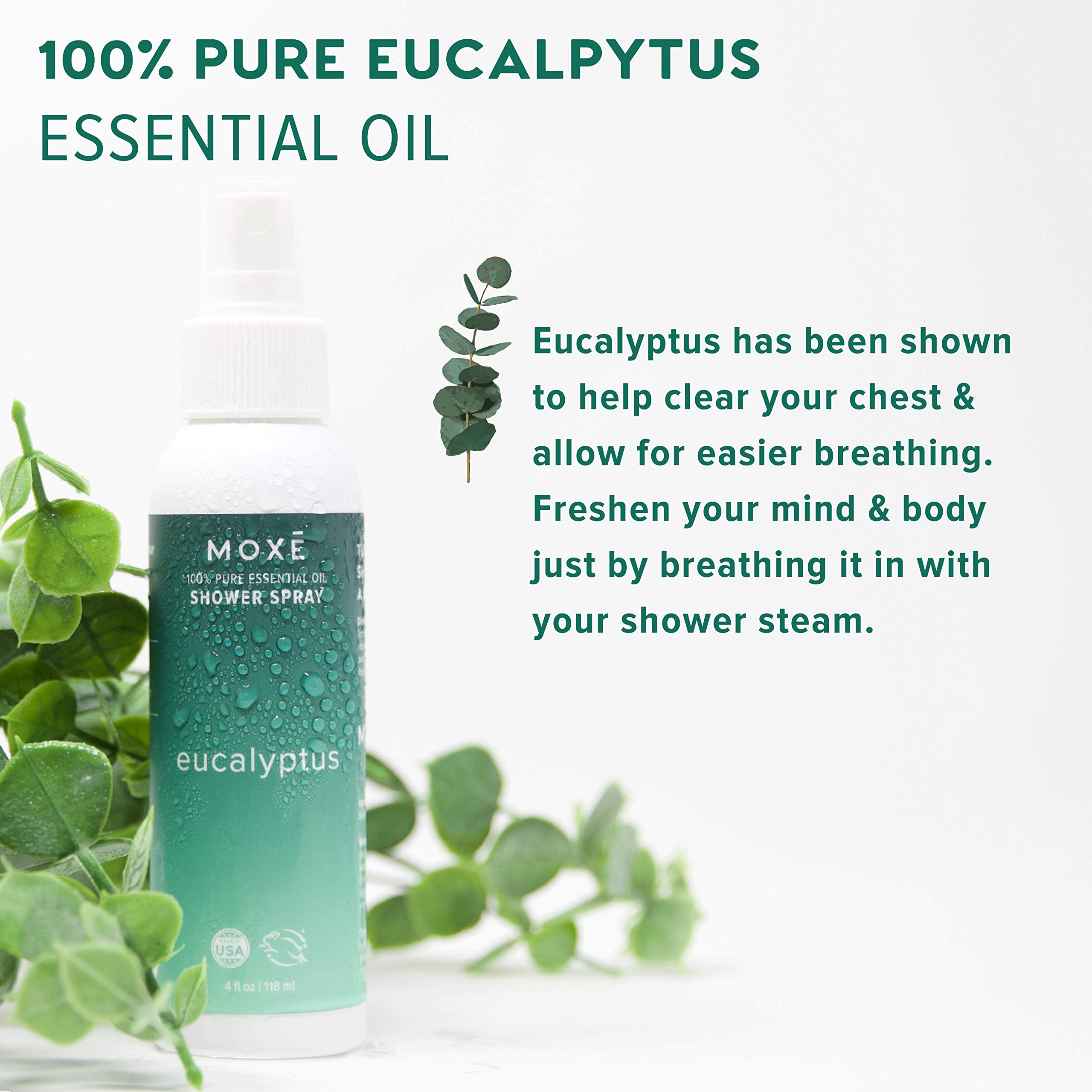 MOXĒ Eucalyptus Oil Shower Mist, Spa Steam Spray, Certified Natural 100% Essential Oils, Made in USA, Aromatherapy, Sinus Congestion Relief, Tension Relief, 4 Ounces