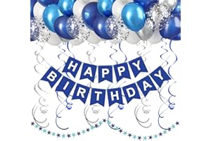 CANREVEL Blue and White Happy Birthday Decorations, Happy Birthday Banner, Metallic Hanging Swirls, Circle Dots Garland, Party Balloons, Blue and White Birthday Party Supplies Decorations for Men Boys
