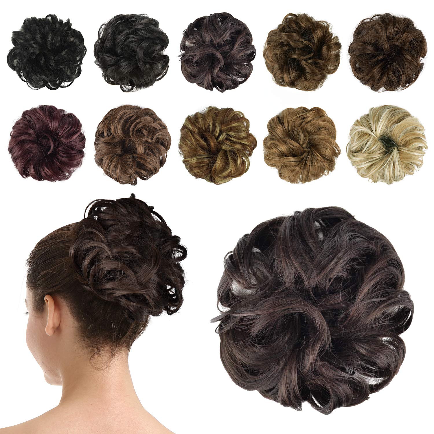 BARSDAR Hair Bun Extensions Hairpiece Hair Rubber Scrunchies for Women Ponytail Extensions Updo Curly Messy Bun - Dark Brown & Dark Auburn