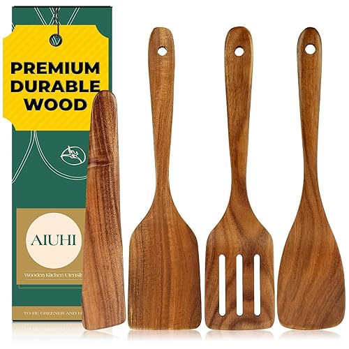 AIUHI Wooden Spatula for Cooking, 4Pcs Natural Teak Wood Turner Set for Nonstick Cookware, Wooden Cooking Utensil Set for Frying, Flipping, Scraping, and Turning