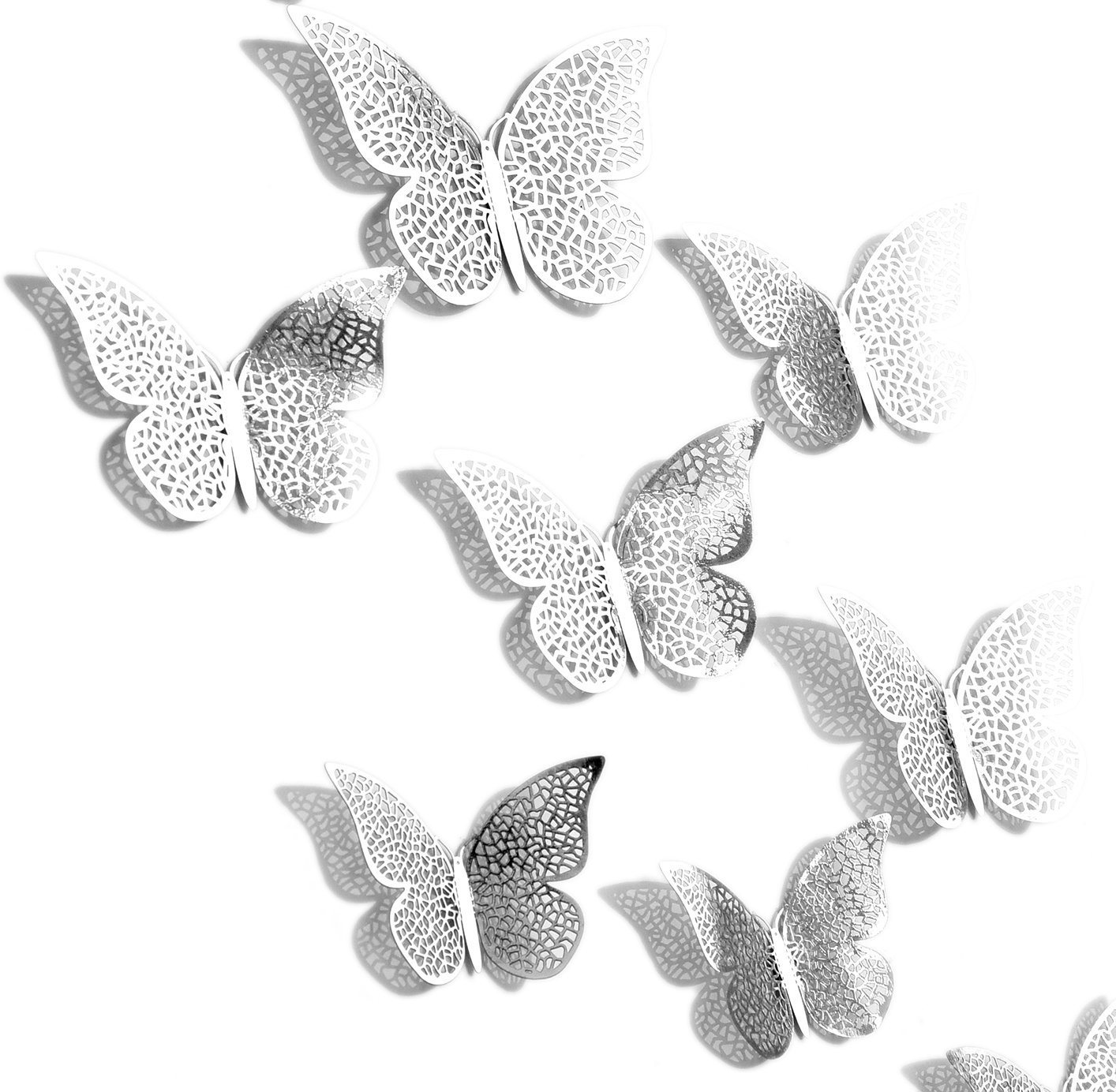 FiveSeasonStuff 24pcs 3D Silver Mirror Hollow Butterfly Wall Stickers
