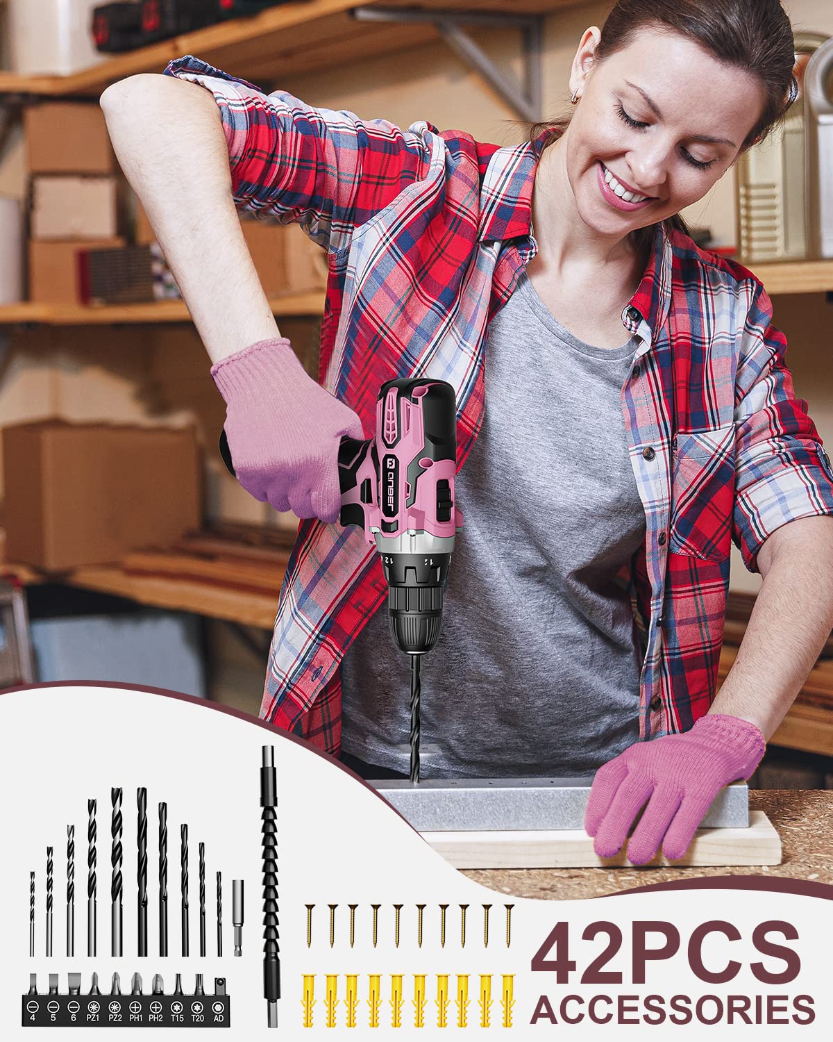 Drill Set, OUBEL 12V Cordless Drill Pink with 42 Acessories, Pink Power Drill Cordless with 3/8