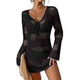 Bsubseach Women Swimsuit Crochet Coverup Long Sleeve V Neck Beach Knit Bathing Suits Cover Ups Mesh Bikini Hollow Out Dress