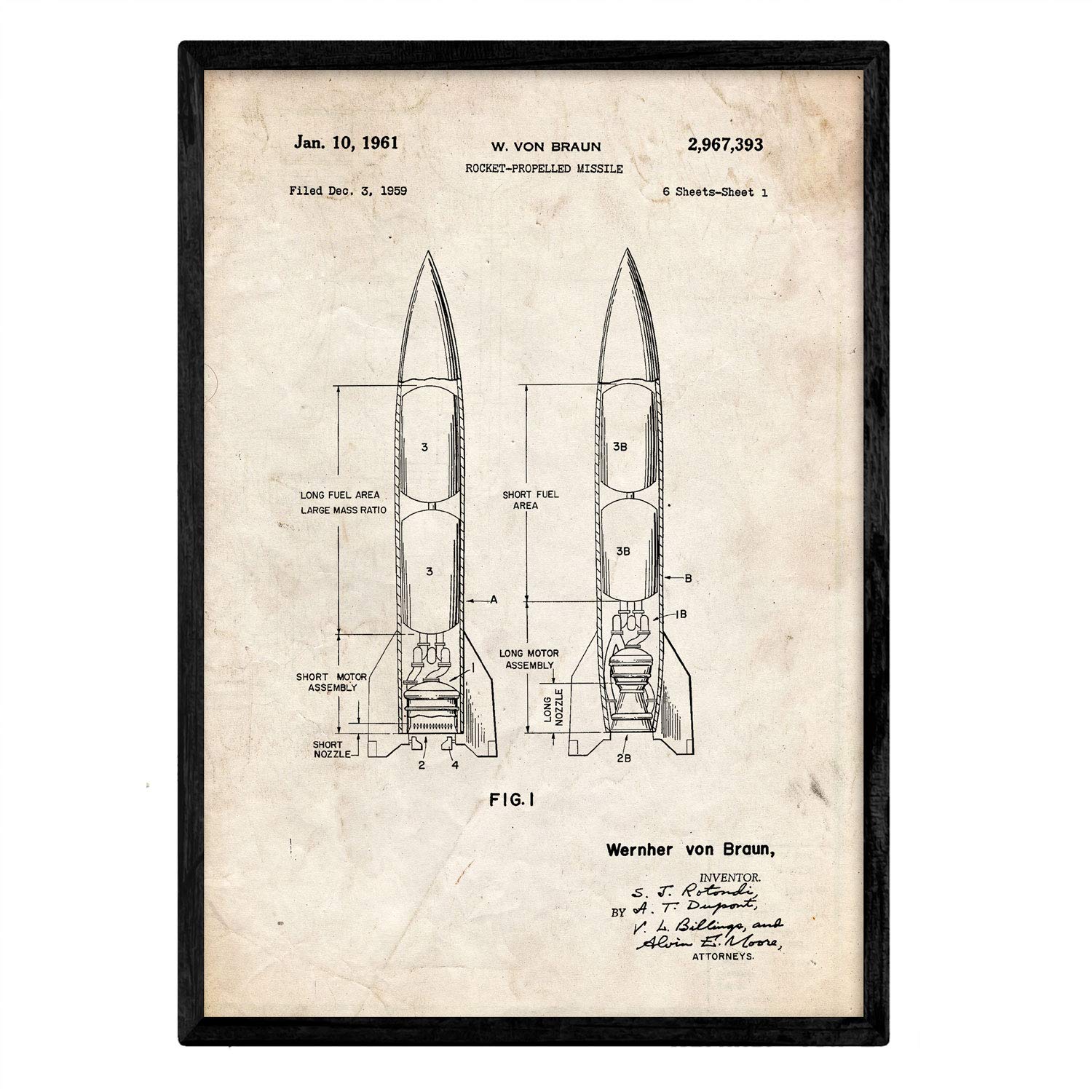 Nacnic Poster patent Missile. Sheet with old design patent in A3 size and vintage background