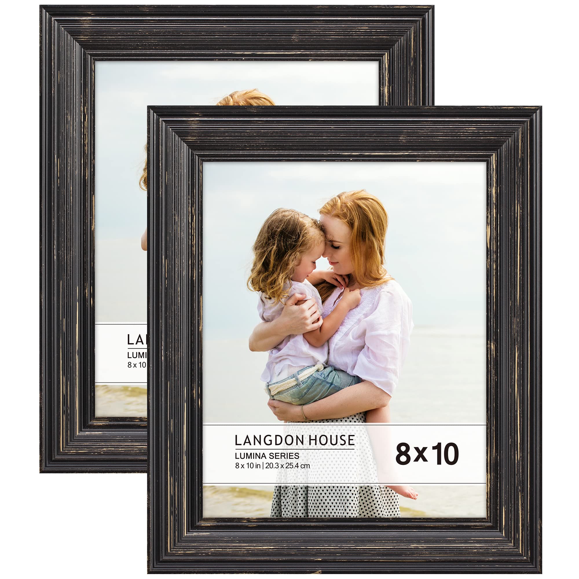 Langdon House - 10x8 Real Wood Picture Frames - Barnwood Black - Gold Accents, 2 Pack - French Country Style Wooden Photo Frame 10 x 8 - Lumina Collection