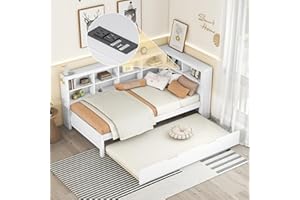 HomSof Wooden Twin Size DayBed with Twin Trundle, DayBed with Storage Shelf and USB Charging Ports Power Outlet,White