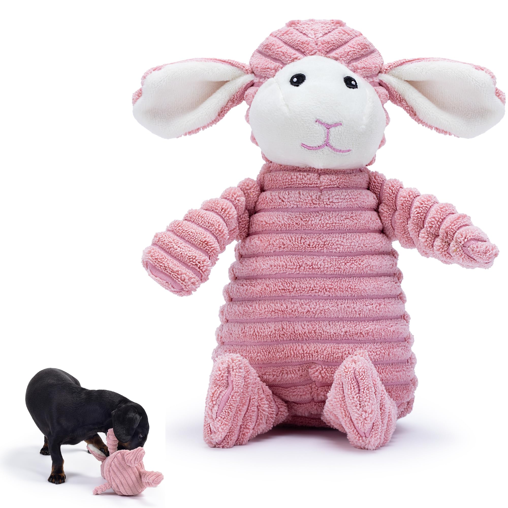 Zappi Co Pink Lamb Plush Dog Toy with Squeaker – Soft, durable, ribbed design for play, suitable for small and medium dogs. Ideal for engaging playtime.