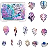 FASHEWELRY 30Pcs Stainless Steel Leaf Filigree Charms Multi-Color Monstera Leaf Pendants Rainbow Etched Metal Embellishments for DIY Jewelry Making