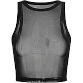 WDIRARA Women's Mesh Sheer Tank Tops See Through Sleeveless Crop Tops Party Rave Clubwear