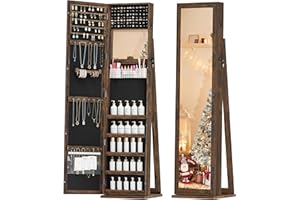 TJYGO Mirror Jewelry Cabinet Standing, Full Length Mirror with Jewelry Armoire Storage, Lockable Jewelry Organizer (Simple Brown)