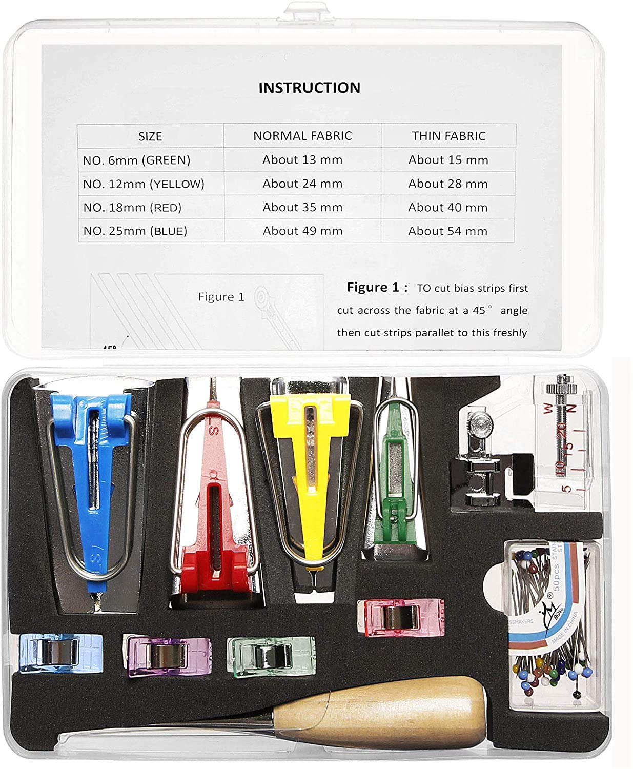 Fabric Bias Tape Maker Set of 4 Sizes 6mm/12mm/18mm/25mm Sewing Quilting Tool with Tape Binding Presser Foot Wonder Clips