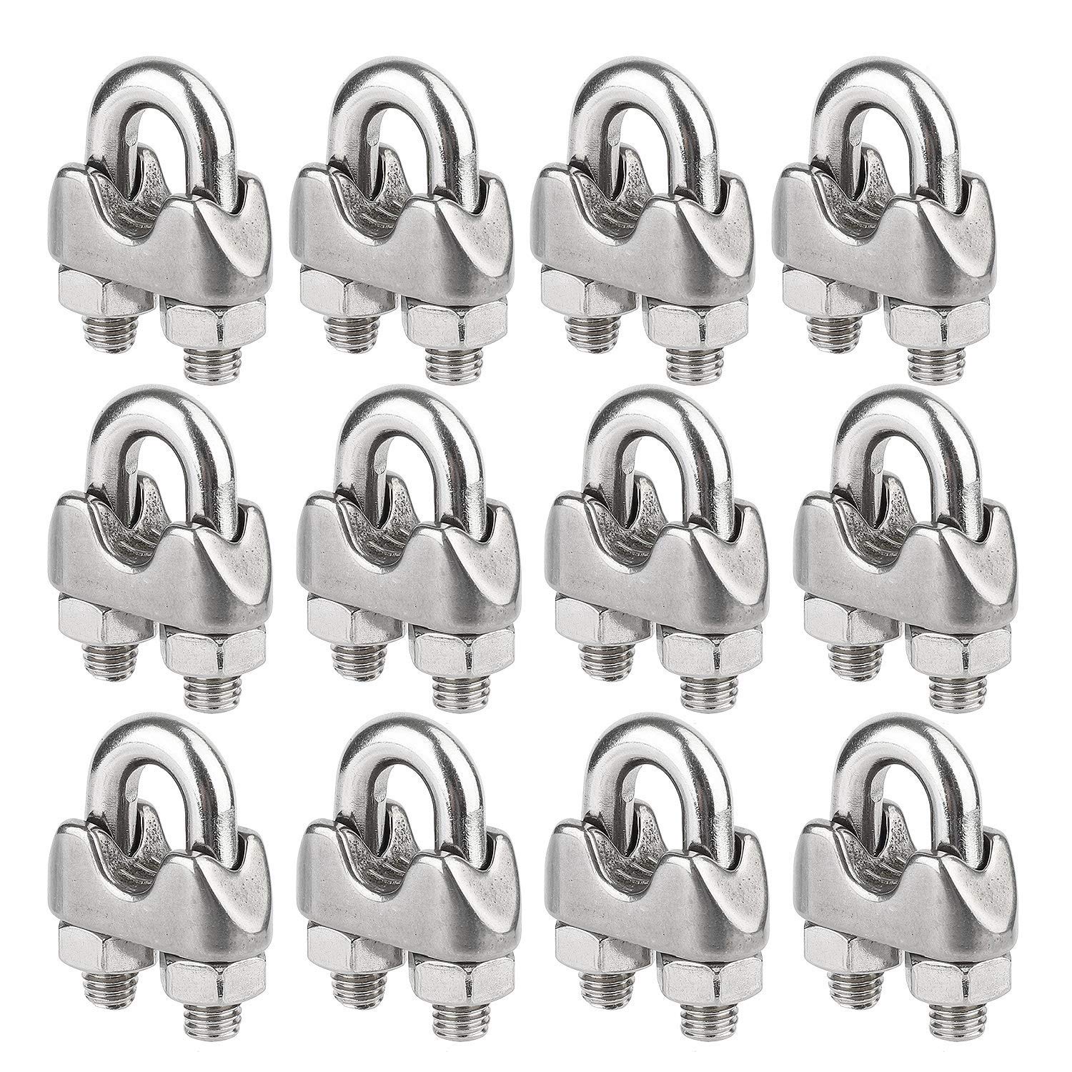 Wire Rope Clip Cable Clamp 304 Stainless Steel U Bolt Saddle Fastener M4 for Ø 4mm (5/32") Wire Rope Cable, Pack of 12, by Hyber&Cara
