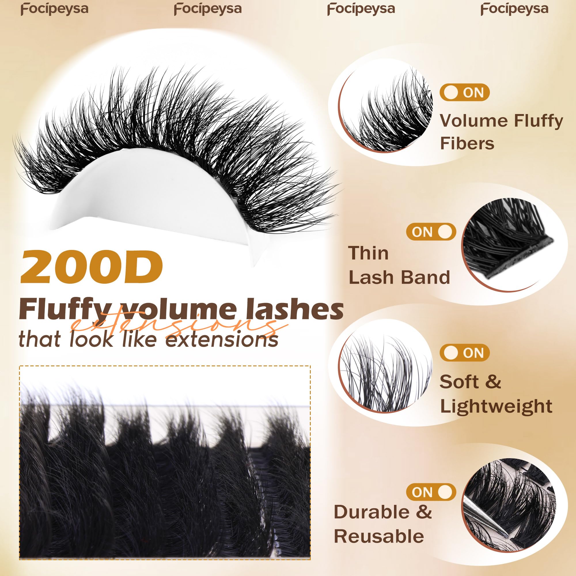 Focipeysa Lash Extension Kit Thick Eyelash Extension Kit 10-18mm Fluffy Lash Clusters 200D Individual Eyelashes Kit with Lash Bond, Lash Remover, Lash Applicator, DIY Lashes Extension