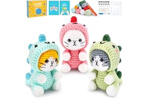 FORTUNING'S JDS Crochet Kit for Beginners - 3 PCS Dinosaur Cat Crochet Kits with Step-by-Step Video Tutorials, Beginner Crochet Kit for Adults Kid, Crochet Animal Kit for Starters, Cat Dressed as Dinosaur Crochet Set