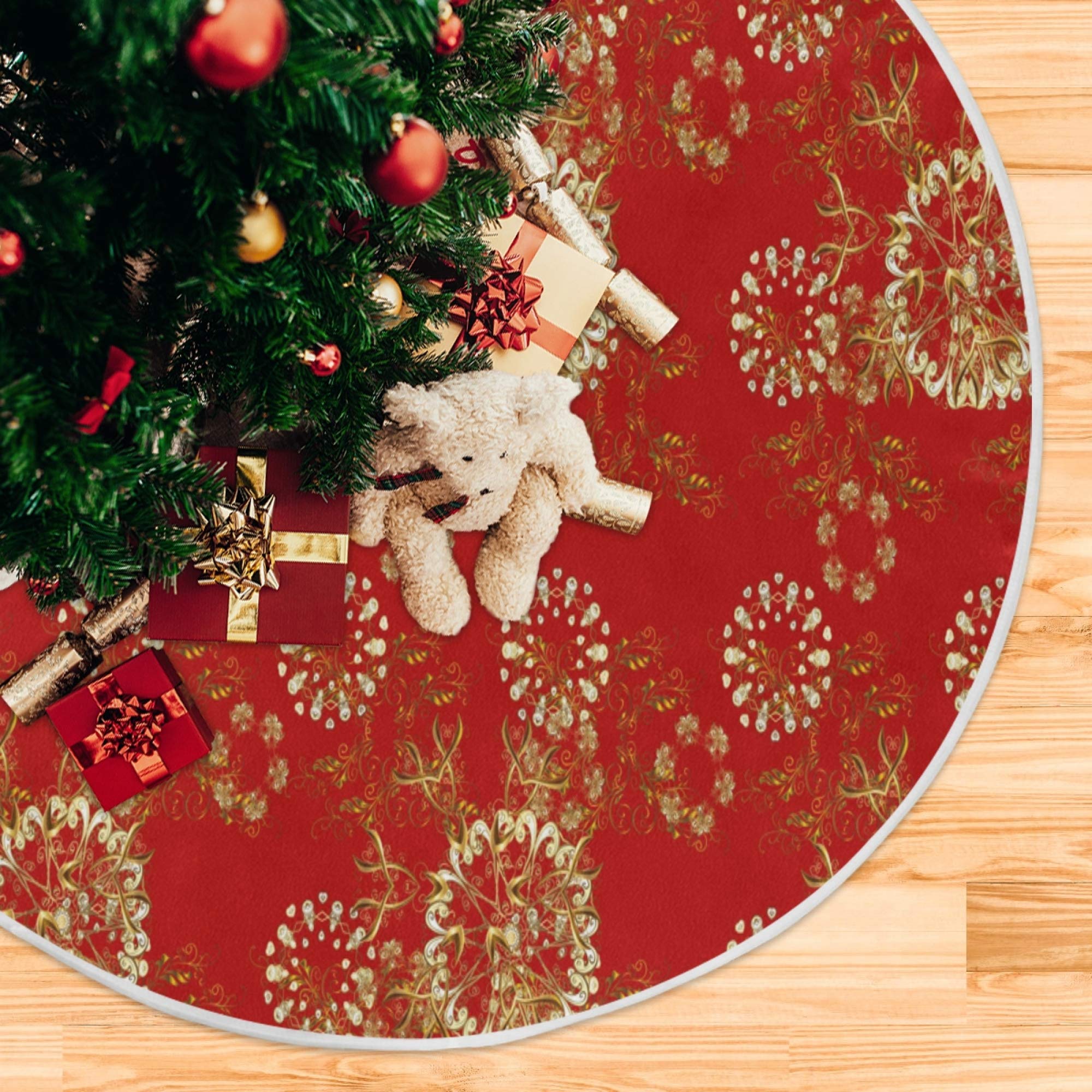 ALAZA Christmas Tree Skirts Gold Snowflake Large Wicker Xmas Tree Skirt Christmas Tree Mat For New Years Decorations Holiday Home Decor
